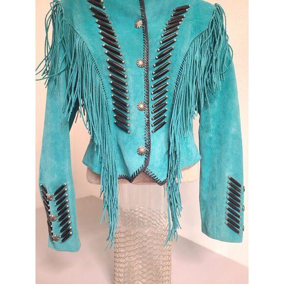 Vtg Cripple Creek Western Boho Fringe Leather Jacket MEDIUM Cowgirl Rodeo Blue M - Picture 7 of 9